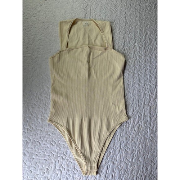 OQQ Pale Yellow Square Neck Ribbed Fitted Bodysuit size xl - Picture 1 of 5
